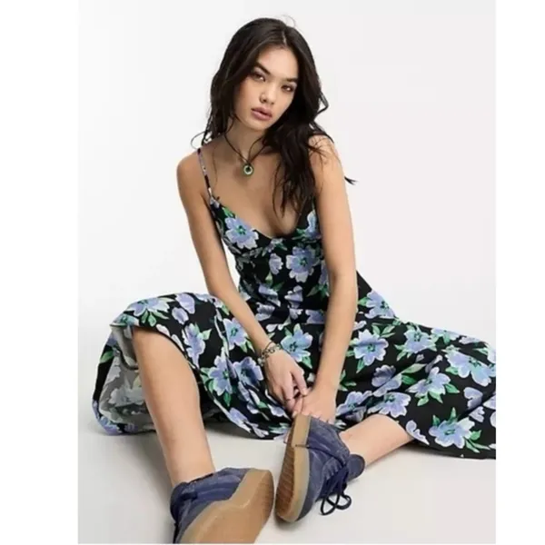Free People Finer Things Printed Halter Midi Dress Black Combo Large Tropical - Image 8