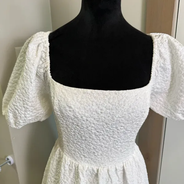 Lulus Puff Sleeve Midi Dress Floral Textured Corset Tie Back‎ Stretch Bridal M - Image 5
