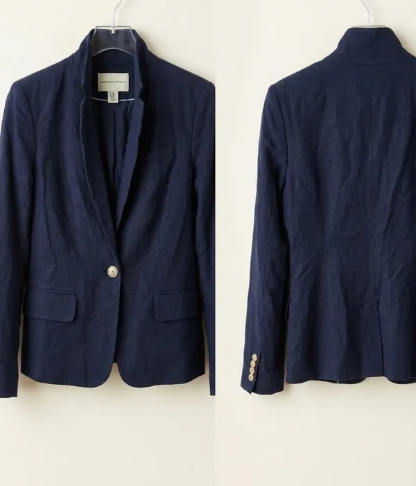 Adrienne Vittadini Modern Navy Linen-Blend Blazer - XS Elevate your wardrobe with this sophisticated Adrienne Vittadini blazer. Featuring a sleek, modern silhouette in a classic navy blue, this piece is the perfect blend of professional polish and effortless style.• Brand: Adrienne Vittadini (Modern Collection)• Size: Women's XS• Color: Deep Navy Blue• Condition: Like new, excellent pre-owned condition with no visible flaws.• Features: Elegant stand-up collar, single gold-tone button closure, and functional flap pockets. Finished with stylish button detailing on the cuffs.• Versatility: A true closet staple that transitions perfectly from a day at the office to a casual weekend look paired with jeans. The lightweight fabric and tailored fit offer a flattering, high-end feel. This blazer is ready to ship and elevate your next outfit!• Standard XS fit• Dry clean recommended to maintain the structured look. - Image 2
