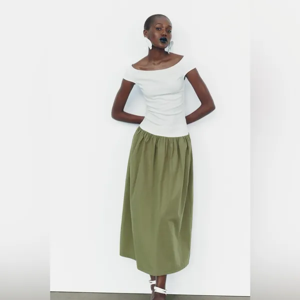 Zara White and Olive‎ Green Off-Shoulder Midi Dress - Image 3