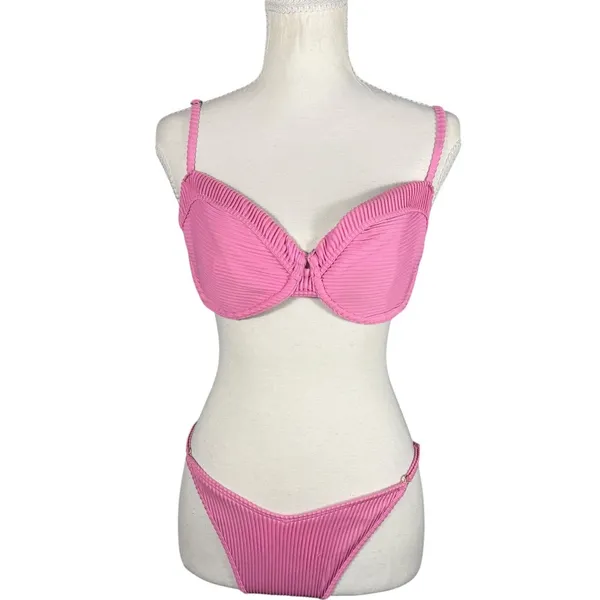 Hollister Bikini Set Womens M/S Pink Ribbed Underwire High Cut Swim 36B - Image 3