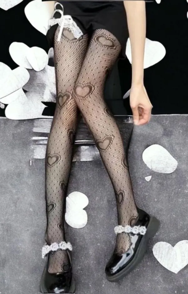 Heart Print Mesh Tights Black Sexy Cut Out High Waist Fishnet Pantyhose One Size - Image 6