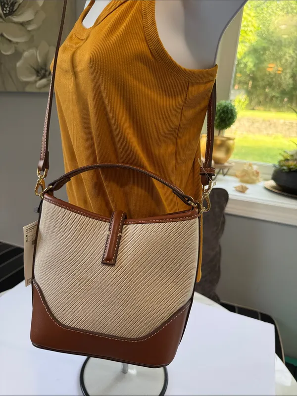 Mango Two-Tone Cream and Brown Crossbody Bucket Bag - Image 4
