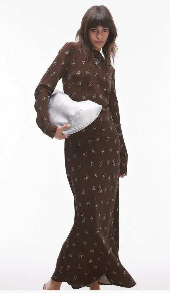 NEW Topshop Brown Ditsy Floral Print Satin Slip Long Sleeve Slim Maxi Dress Sz 2 - Image 3