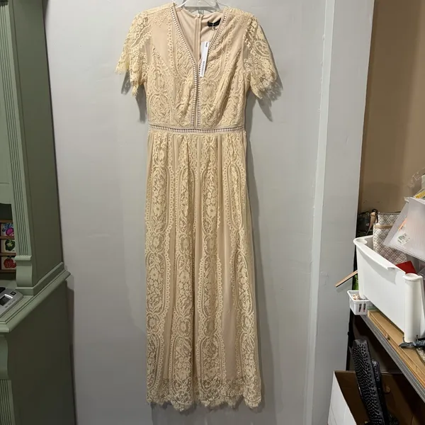 MEROKEETY Beige Nude Lace‎ Floral Maxi Dress Sz M Sheer Boho Romantic Fairy NWT - Image 3