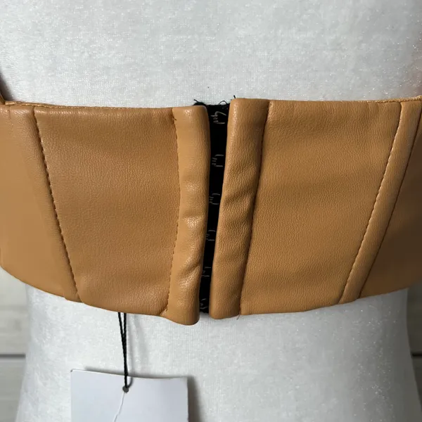 ZARA Tan Faux Leather V Neck Cropped Corset Top - Image 13