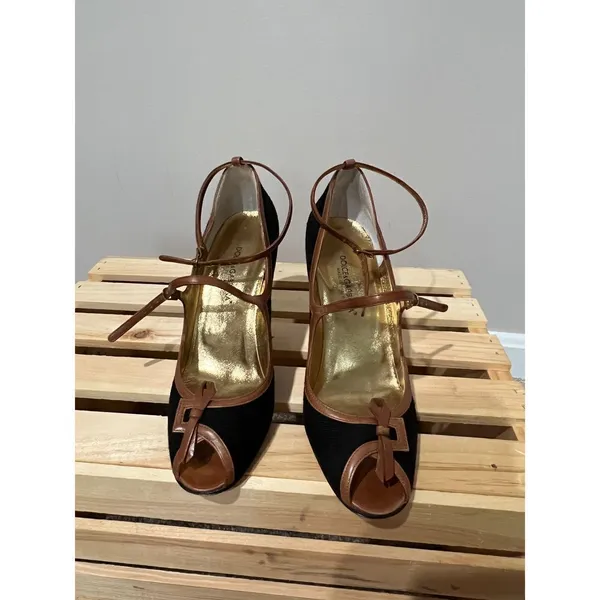 Dolce & Gabbana Women’s Shoes Black brown Fabric Open toe Platform Heels 38.5 - Image 3