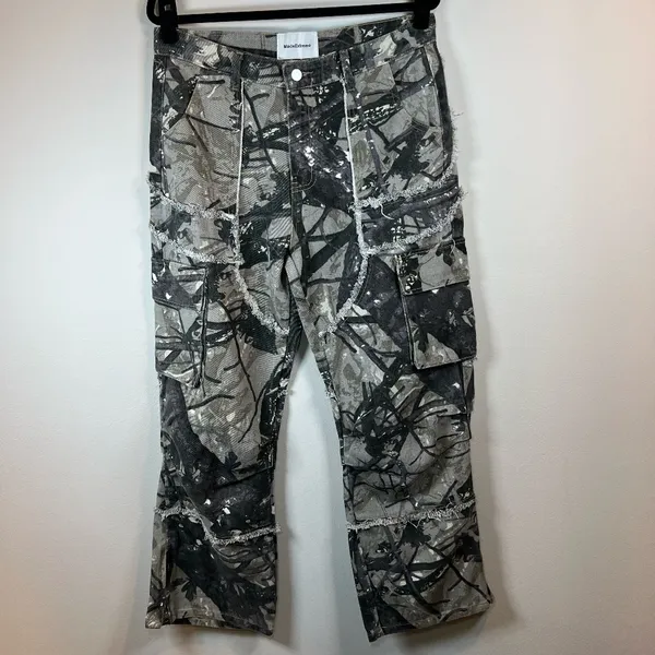 Made Extreme Jungle Camo Cargo Jeans Gray Green Loose Straight Streetwear 33x30" - Image 2