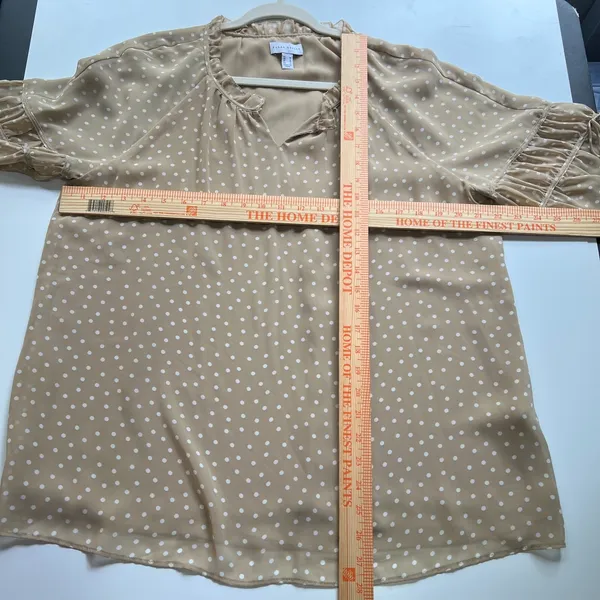 Susan Graver Tan White Polka Dot Sheer Chiffon Raglan Sleeve Peasant Top Medium - Image 6