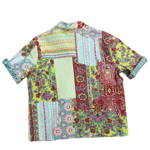 Handmade Reversible Paisley Boho Patchwork Button Top Short Sleeve Medium Fit Red - Image 8