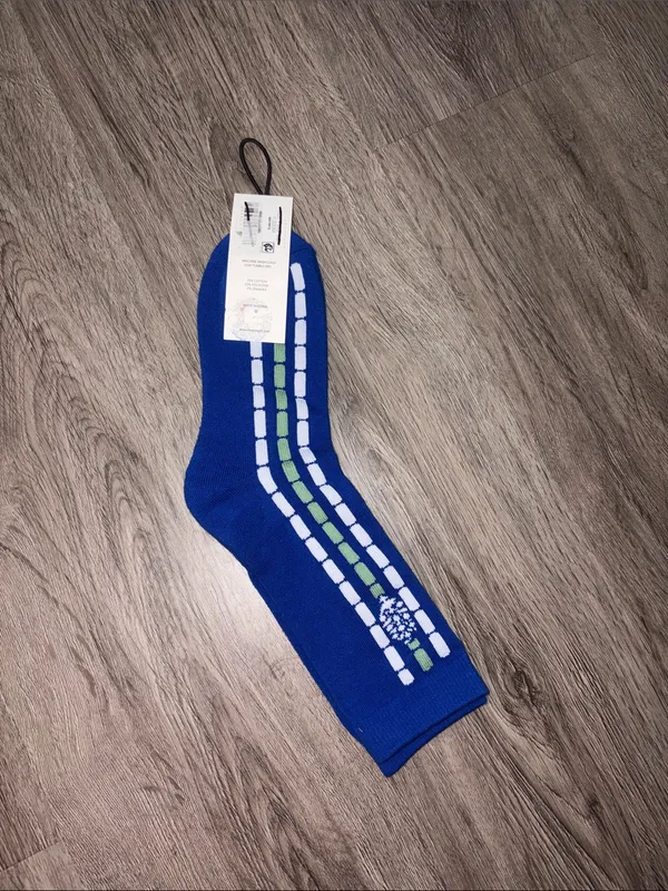 FP Movement Royal Blue Crew Socks with White and Green Stripes - Image 2