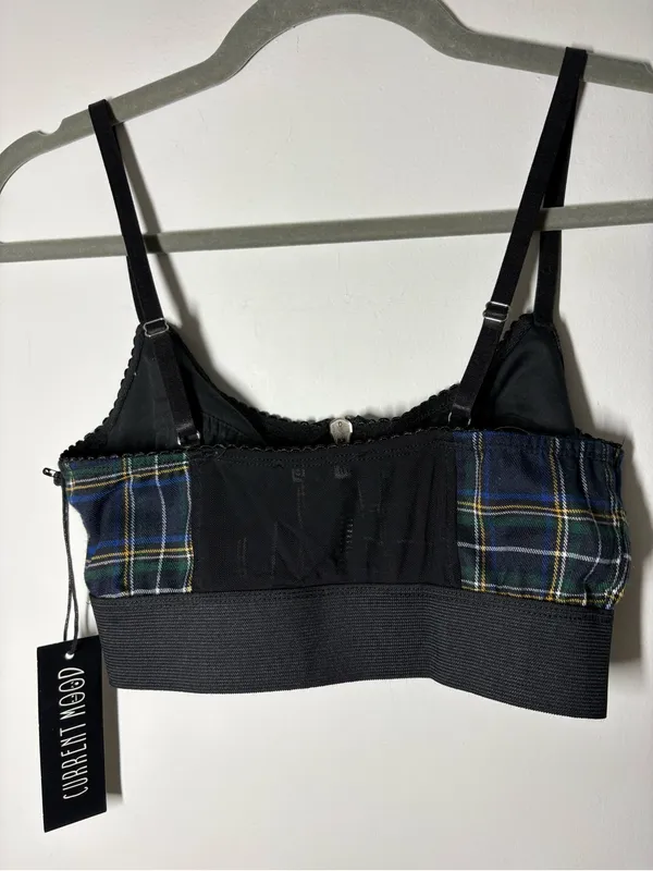 Current Mood Dolls Kill Navy Green Plaid Zip-Front Bralette top - Image 8