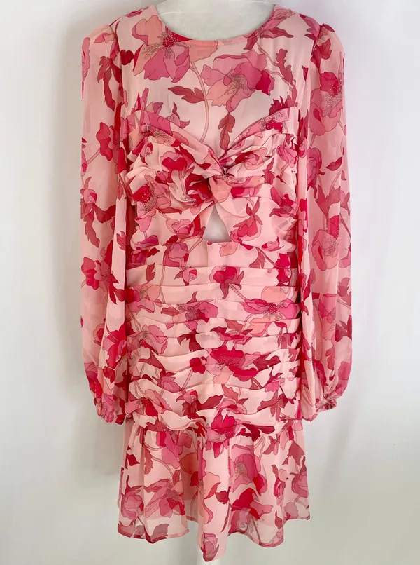 New Floral Print Twist Keyhole Front Long Sleeve Dress Pink Size XL - Image 4