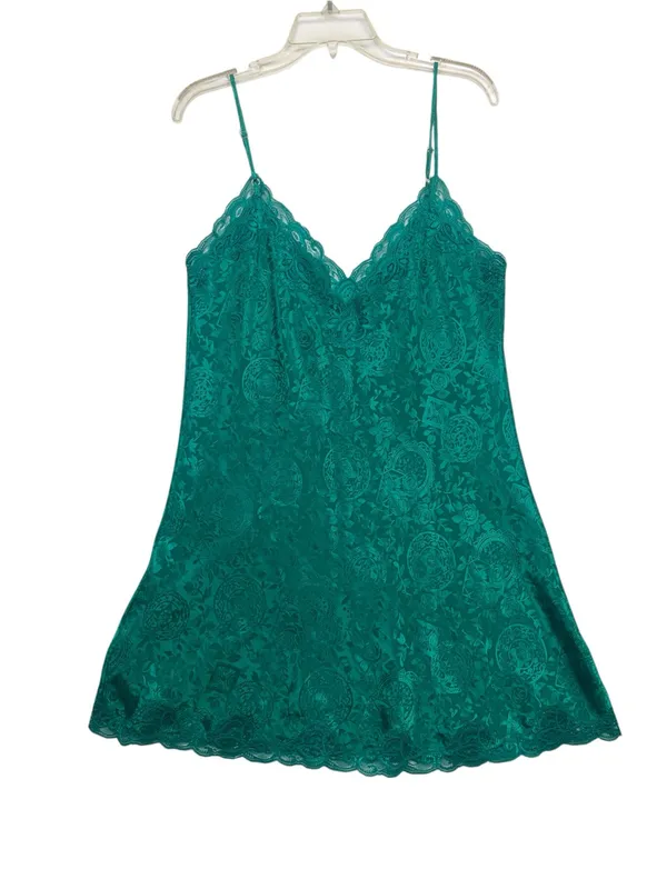 Victorias Secret size medium green paisley Lace Trim Teal Camisole Slip vintage - Image 9