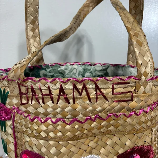 Vintage Multicolor Handmade Lined Straw Bag W/ Beaded Flip Flops - Image 3