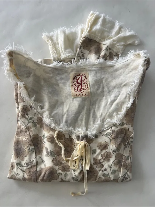Jaya Vintage VTG Cotton Floral Cream Cottagecore Prairie 90s Lace Up Bell Top S - Image 8