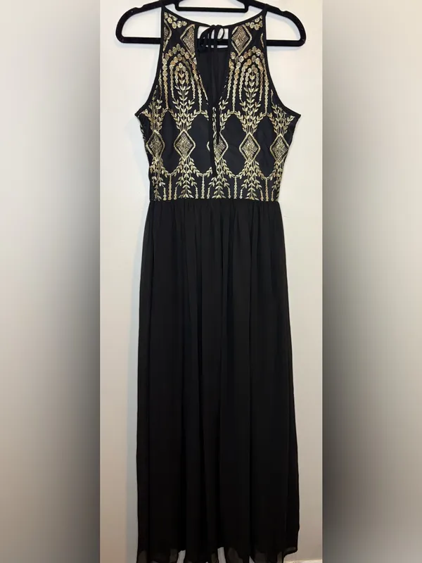 Altar’d State Black Gold Embroidered Maxi Dress Size S Formal Boho - Image 3