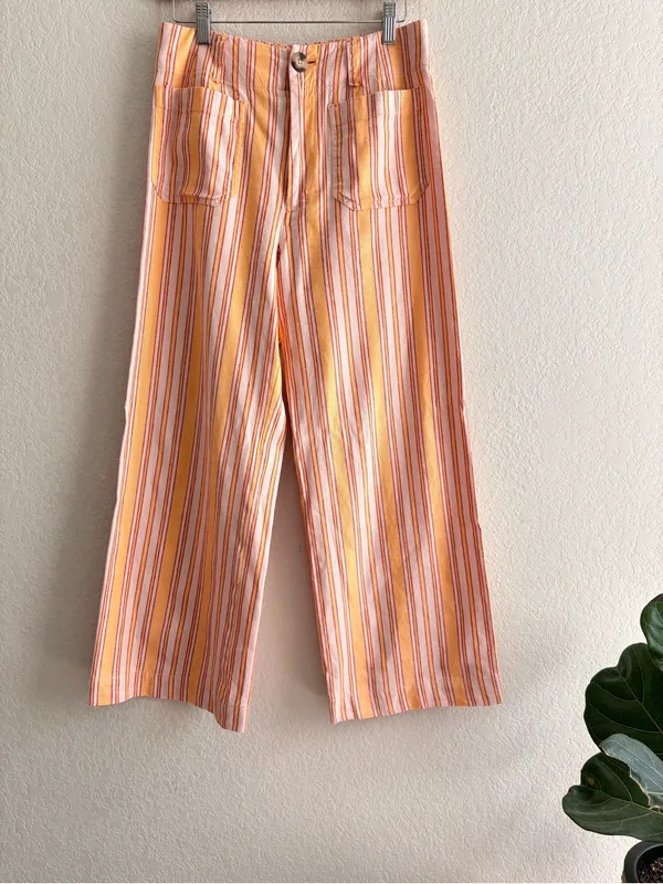 Anthropologie Colette Linen Pants Crop Wide Leg Orange Stripes Maeve Size 27 - Image 2
