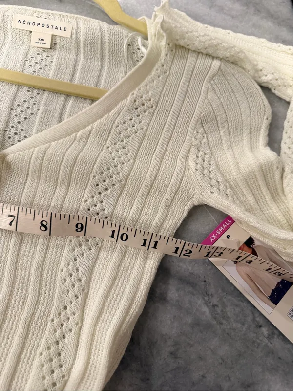 NWT Aeropostale Size XXS Ivory Pointelle Knit Cropped Stretch Lace Cardigan Y2K - Image 11