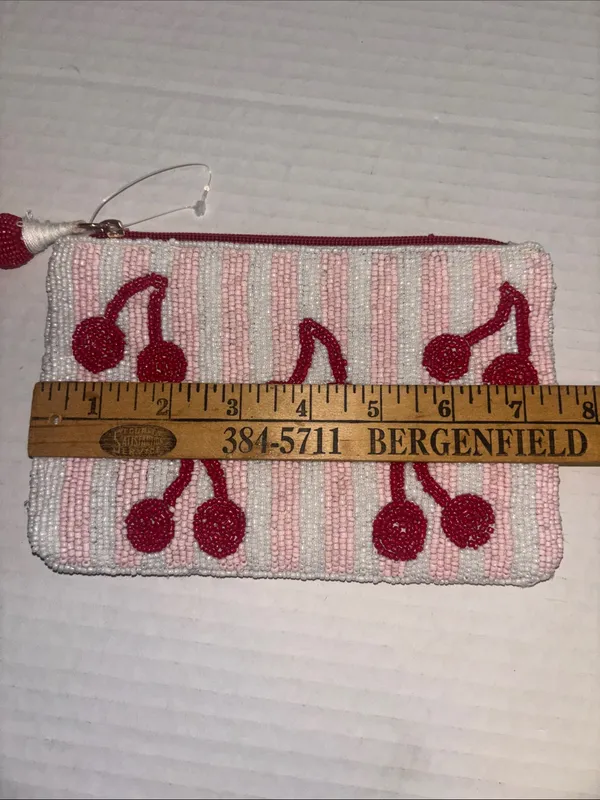 CHERRY BEADED BAG WHITE PINK STRIPED WITH CHERRY DESIGN BEADED TASSEL ZIP PULL - Image 5