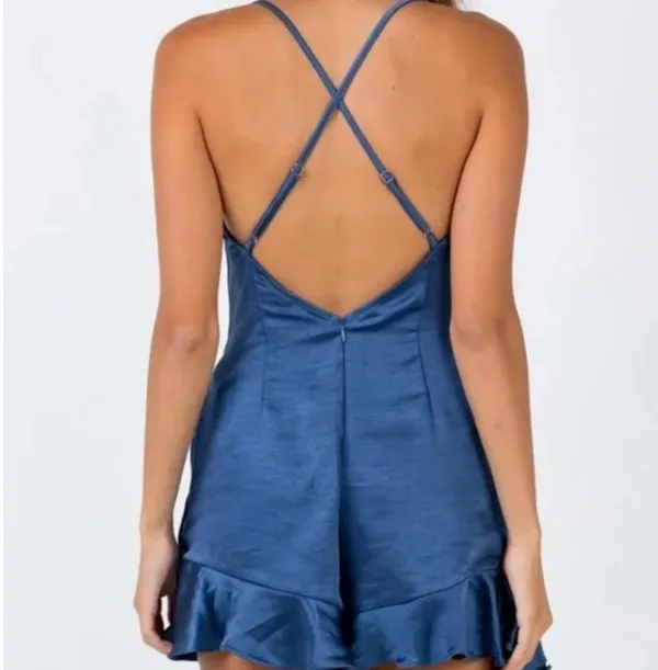 PRINCESS POLLY SATIN Ruffle Hem Romper 10 NAVY BLUE - Image 3