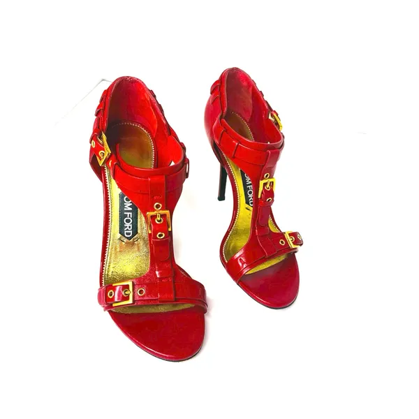 Tom Ford Red Leather Buckle T Strap High Heel Sandals EU 37.5 - Image 10