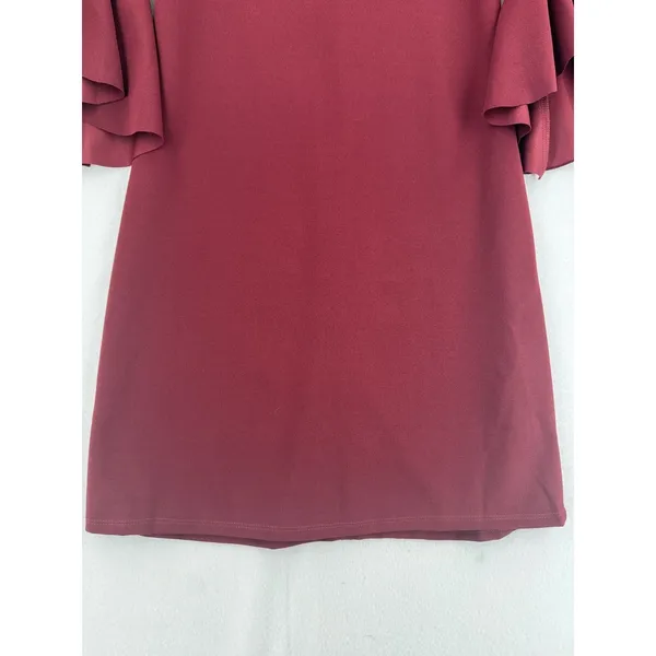 Bella Flore Burgundy Bell Sleeve Dress L Ruffle Flare Sleeve Shift Cocktail Chic - Image 5