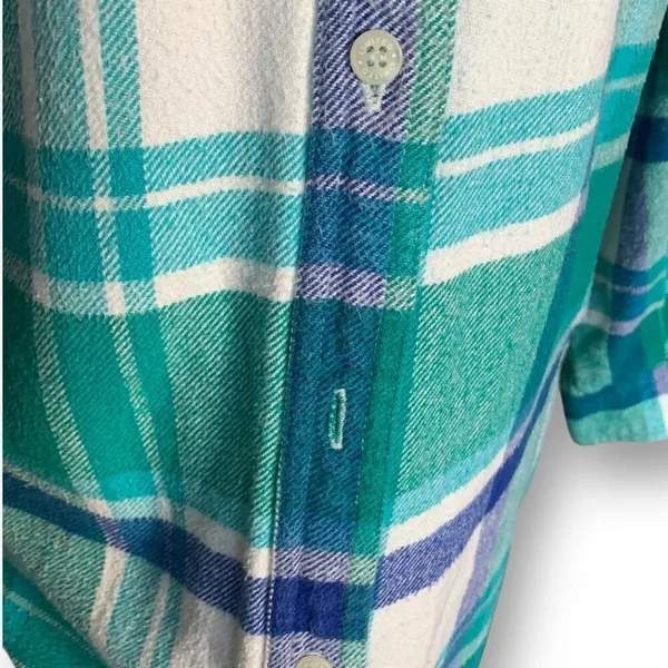Vintage 90s Kelly Green Blue Plaid‎ Flannel Button Front Long Sleeve Baggy Shirt - Image 5