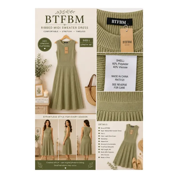 BTFBM Dress Womens Size L Ribbed Midi Knit Dress Olive Green Sleeveless NWT - Image 10