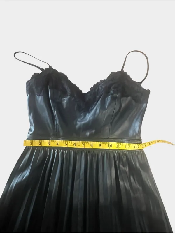 Express Black Faux Leather Pleated Midi Dress Lace Trim Small Goth - Image 13