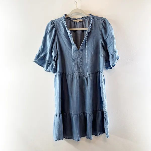 LOFT Chambray Short Ruffle Sleeve Tiered Mini Babydoll Dress Blue Medium - Image 2
