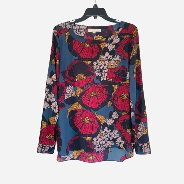 LOFT Top Womens S Multicolor Floral Blouse Boat Neck Tab Sleeve Pullover Woven M - Image 2