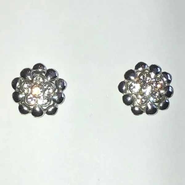 Elegant Silver Tone Rhinestone Flower Stud Earrings - Image 2