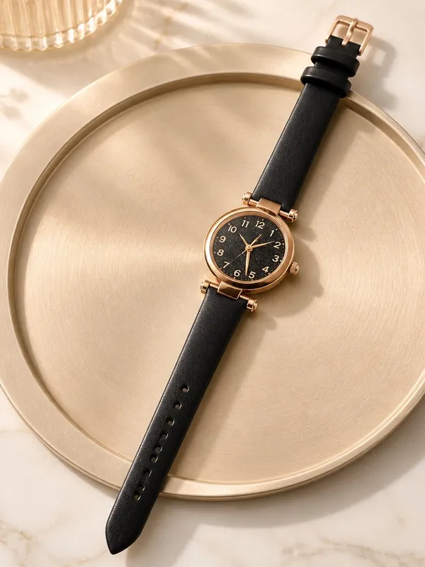 Geneva Rose Gold Case Black Starry Dial Leather Strap Women's Watch - Image 2