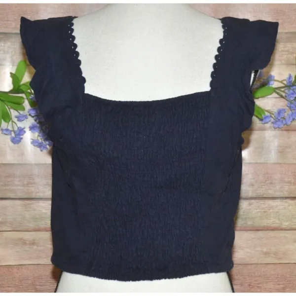 Ann Taylor Navy Scallop Square Neck Crop Top Size 10 Ruffle Linen Festival - Image 3