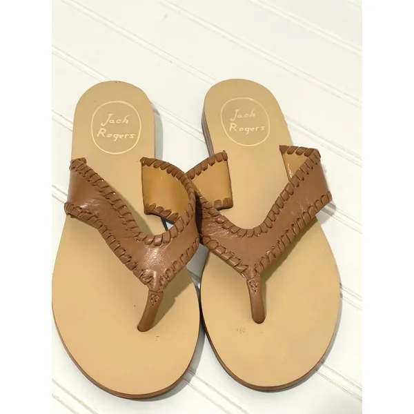Jack Rogers Womens Whipstitch Leather Thong Sandals Saddle Tan Size 8M Flat - Image 2