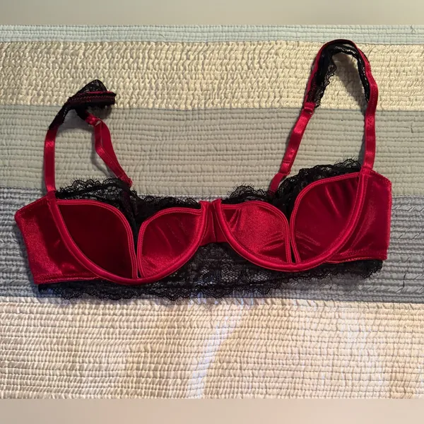 Frederick's of Hollywood Burgundy and Black Lace Satin Balconette Bra - Image 3