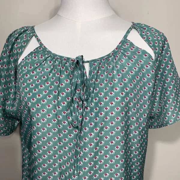 Tulle Elephant Print Blouse Women Small‎ Teal Green Tie Neck Shoulder Cutout Top - Image 3