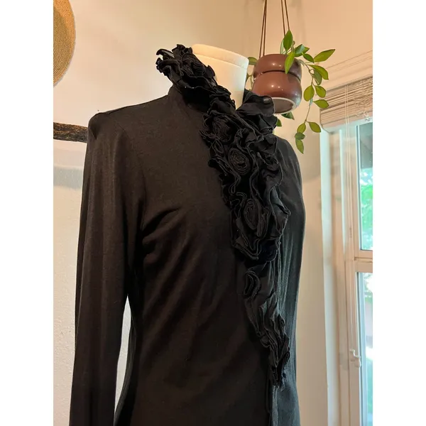 Blue Label 80s Ralph Lauren Black Ruffled Long Sleeve Cotton Blouse Size Medium - Image 4