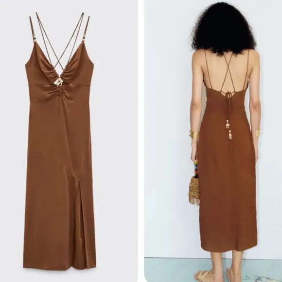 ZARA Rustic Slip Linen Blend Dress Size Medium - Image 3