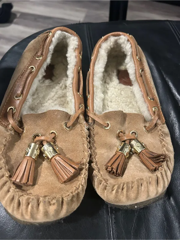 Womens Cozy Tassel Moccasin Slippers in Tan - Image 2