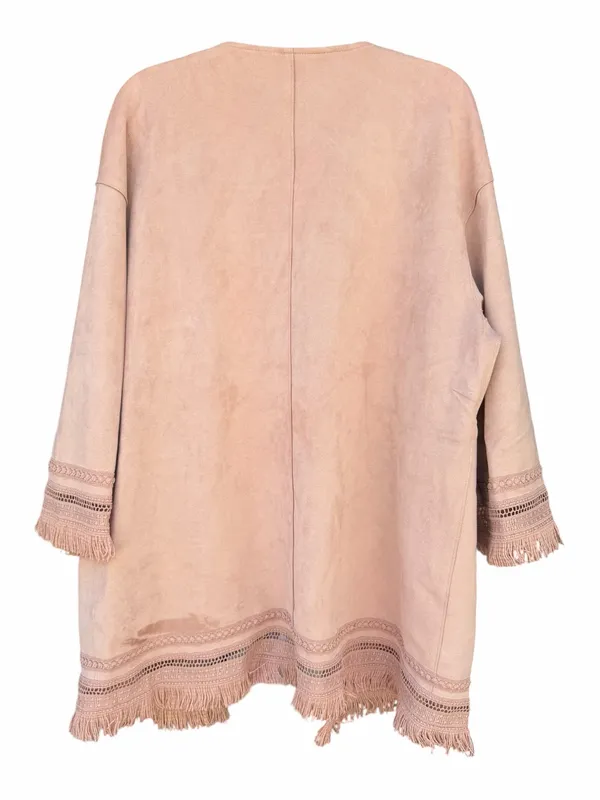 Zara Faux Suede Fringe Jacket Women M Blush Pink Open Front Boho Festival - Image 6