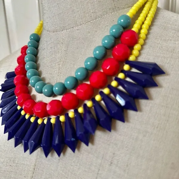 Yellow beaded red and green and blue statement necklace - Image 2
