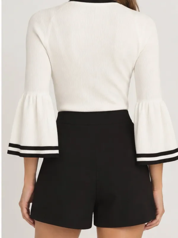 Anthropologie Maeve Modern Ivory Black Bell Sleeve Ribbed Flute Sweater - Image 2