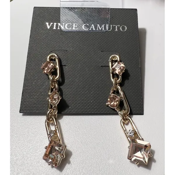 Vince Camuto Gold Tone Champagne Crystal Chain Link Drop Earrings Womens‎ New - Image 2
