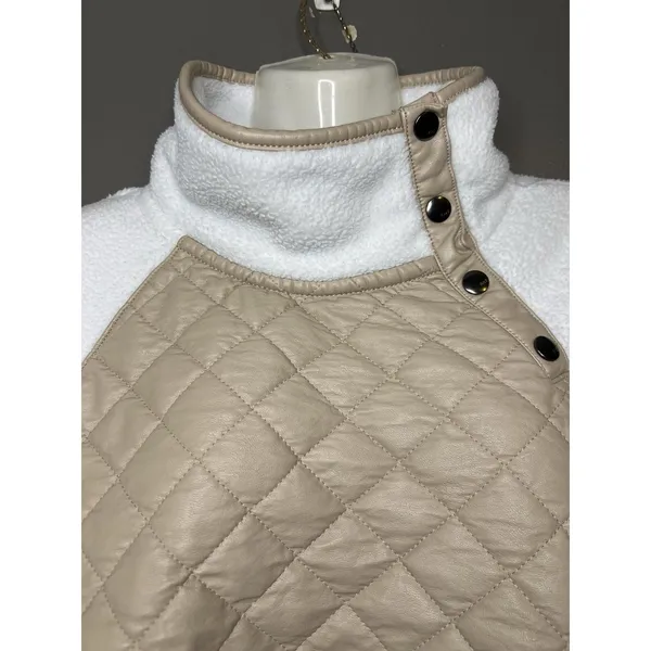Abercrombie & Fitch Jacket Womens Medium White Tan Quilted Sherpa Fleece Snap - Image 5