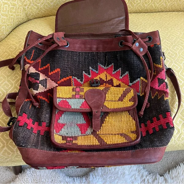 EM May Kilim Wool and leather backpack bag Red - Image 8