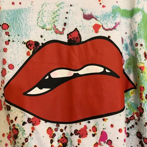 On Fire Red Lip multicolor Top with Fringe cut large statement style short sleeve shirt - Image 10