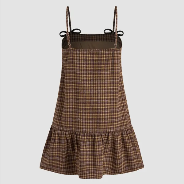 Cider Square Neck Check Ruffle Bowknot Babydoll Mini Dress - Image 4