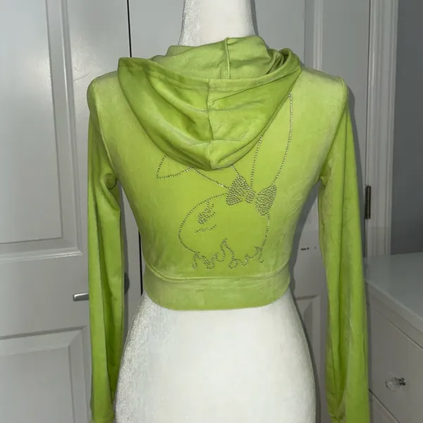 Lime Green Rhinestone Bunny Cropped Hoodie - Image 2